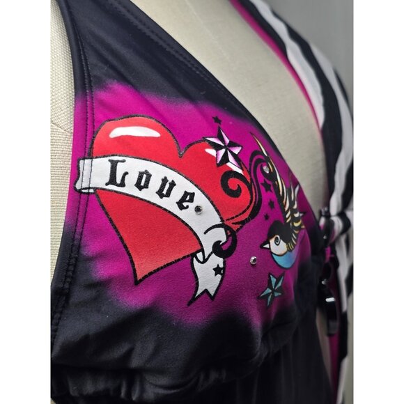 Y2K Black Pink Cutout Swimsuit One Piece Punk Grunge Tattoo Art Beach Sexy Edgy - Picture 13 of 16